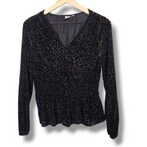 Gap blouse womens Medium Black Velvet Long Sleeve Smocked Waist Peplum Top